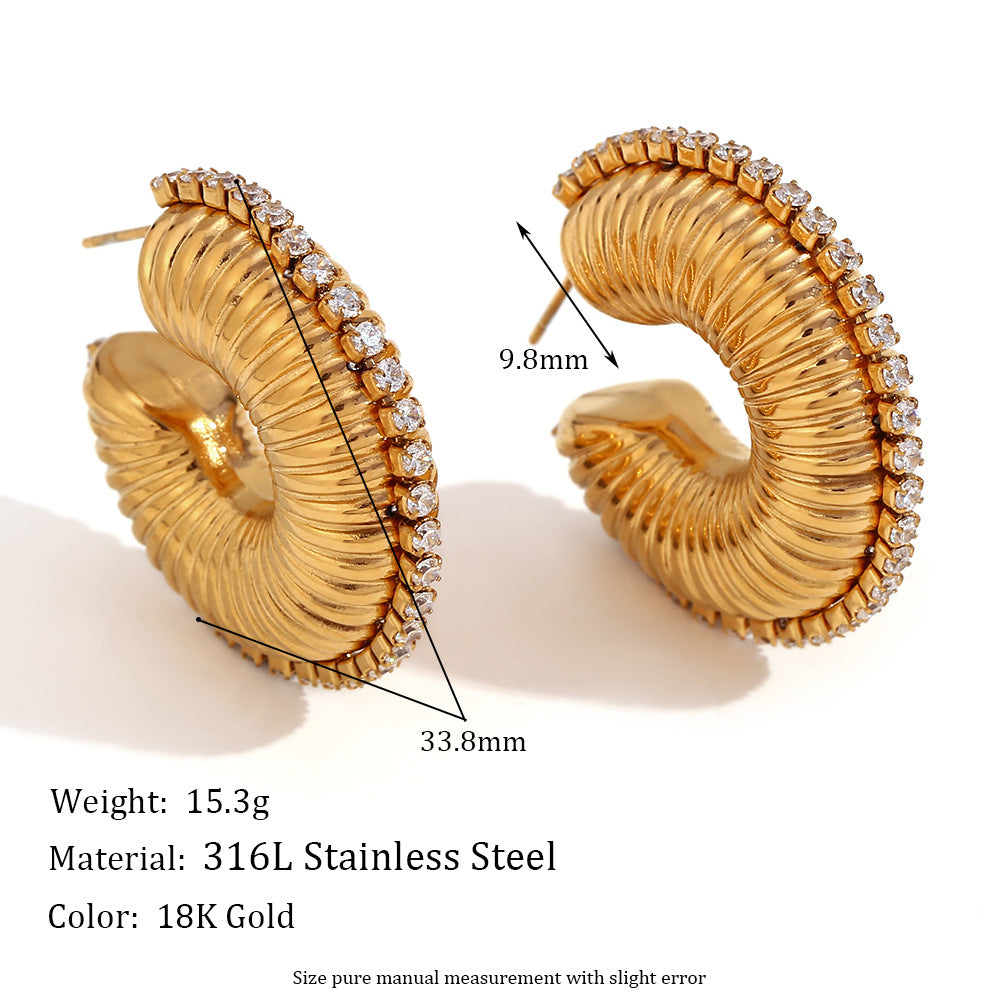 Fashionable Geometric Stainless Steel Hoop Earrings with 18K Gold Plating and Zircon Inlay for Women