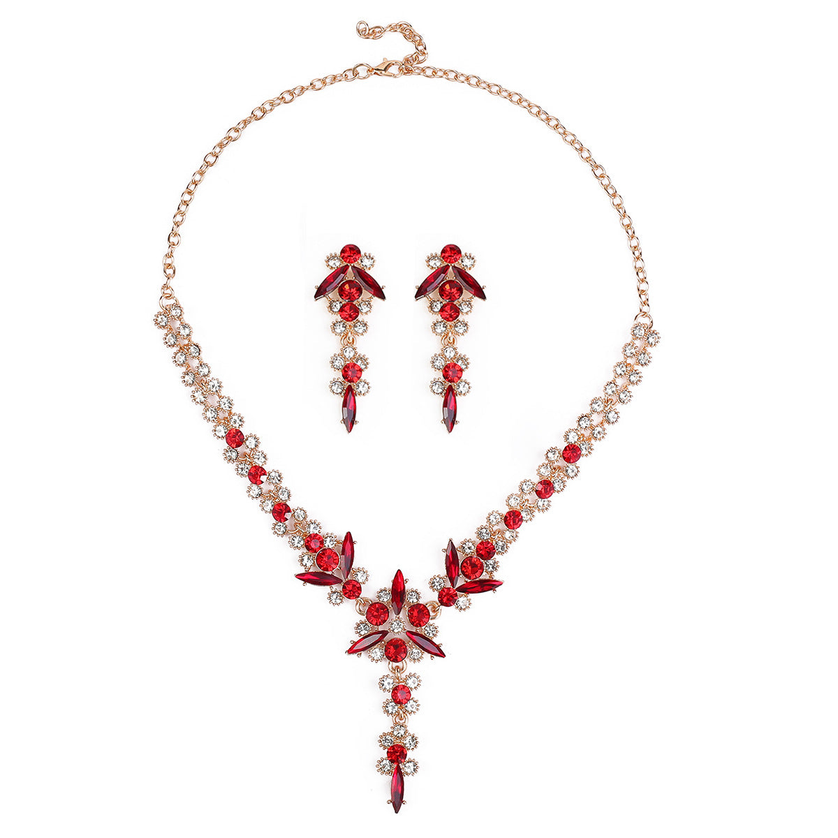 Elegant Floral Design Alloy Necklace Set with Rhinestone Pendant, Electroplated O-Chain and Matching Earrings for Wedding and Formal Occasions