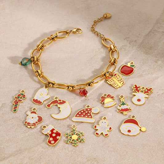 Pulsera de acero inoxidable con diseño de copo de nieve y campana de Papá Noel para mujer con acabado chapado