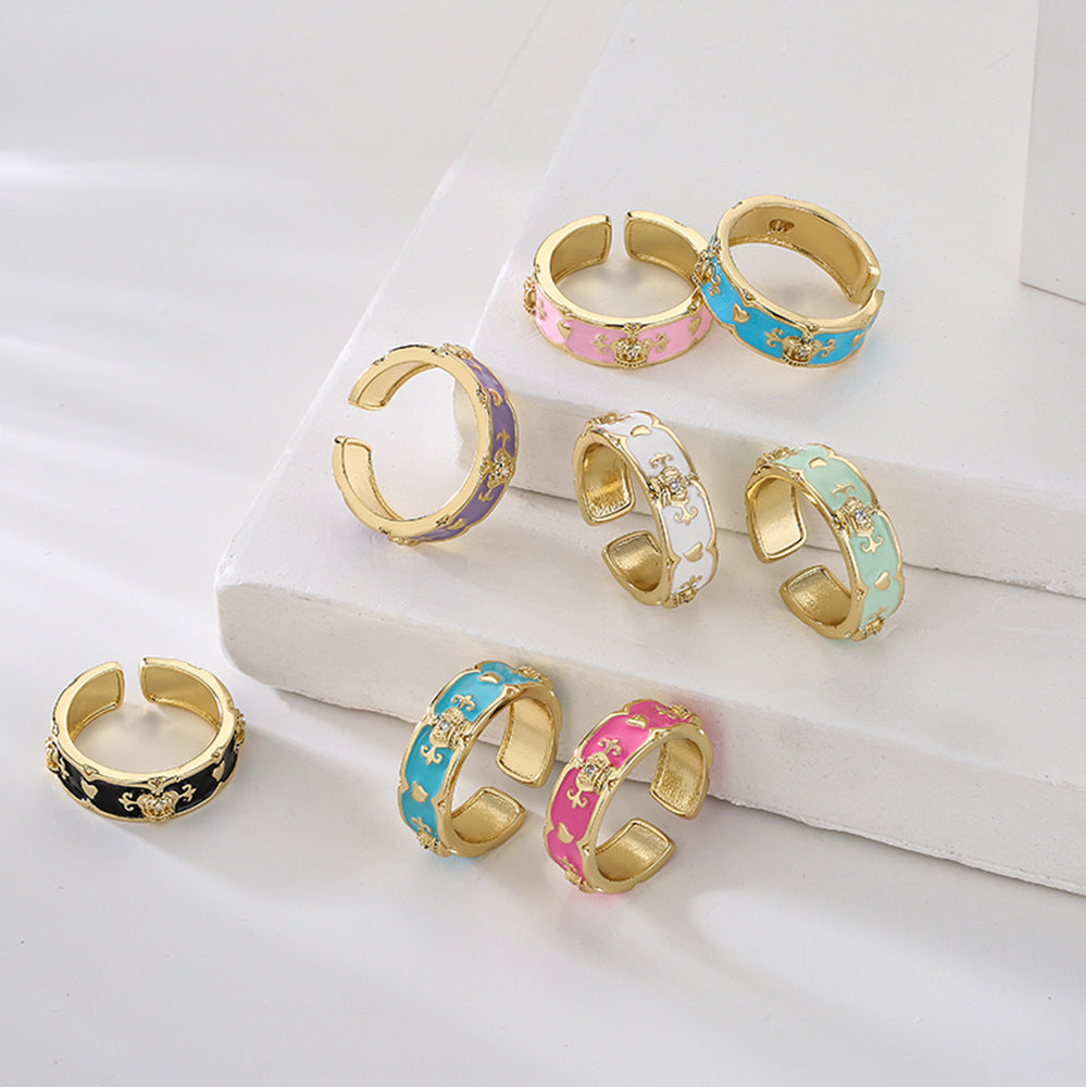Minimalist Geometric Copper Ring with 18K Gold Plating, Enamel Crown Design and Zircon Inlay for Women
