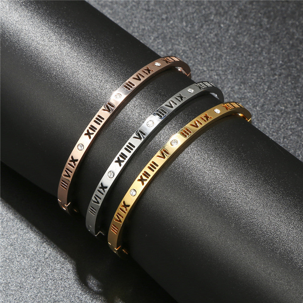 Minimalist Hollow Titanium Steel Roman Number Bracelet with Rhinestone Inlay for Unisex