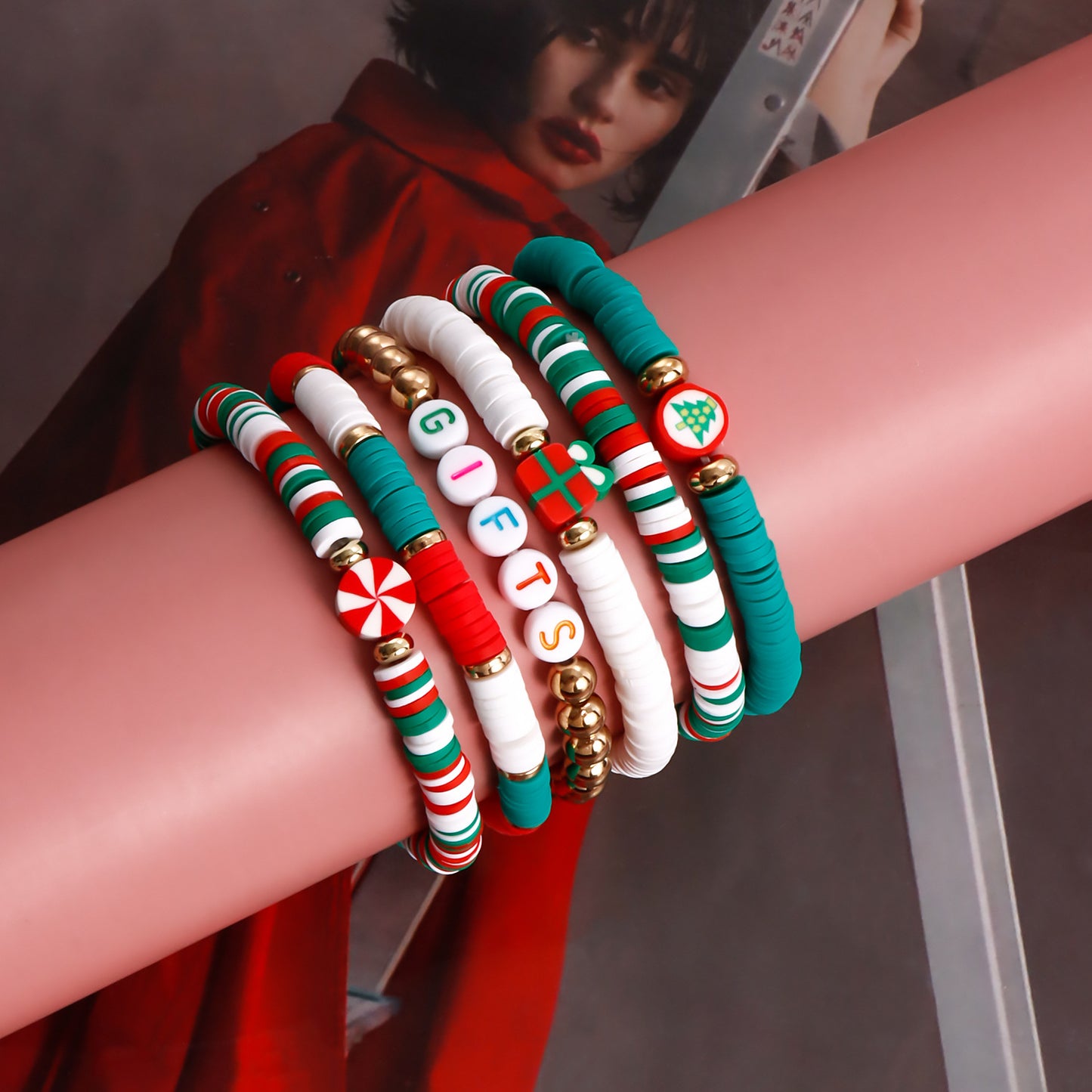Geometric Style Handmade Polymer Clay Elastic Bracelet for Women with Plated Finish Christmas Gift
