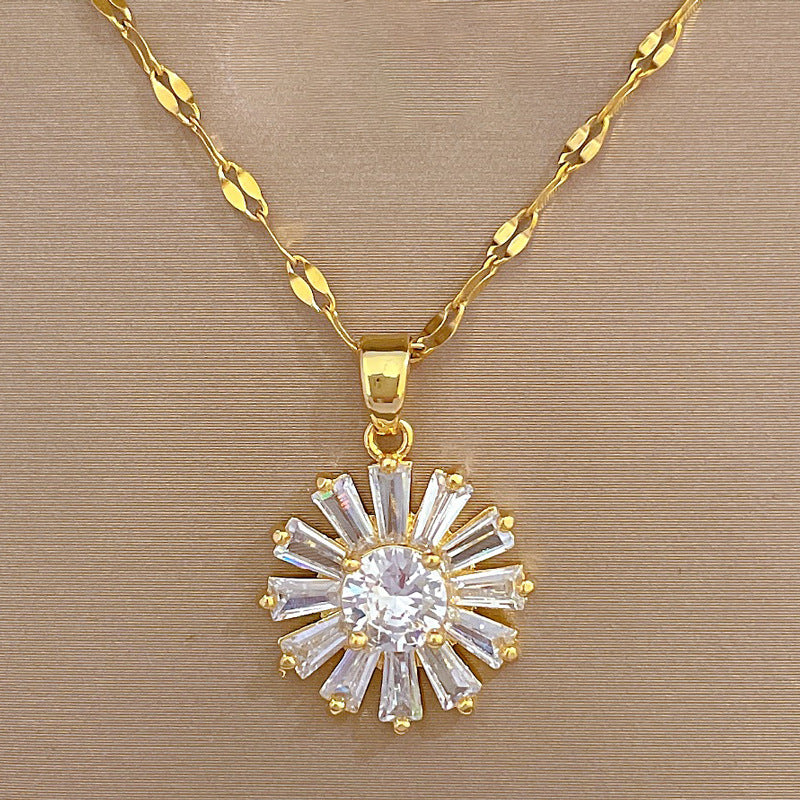 Luxury Titanium Steel Sunflower Pendant Necklace and Earrings Set with Geometric Design for Women Formal Events