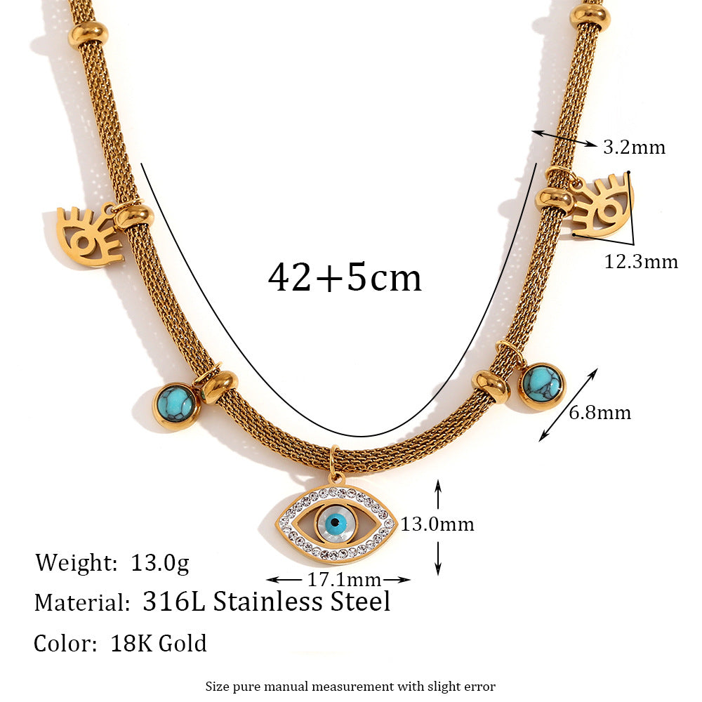 Bracciale a maglie in acciaio inossidabile placcato oro 18 carati con ciondolo a forma di occhio geometrico alla moda e collana con accento turchese da donna