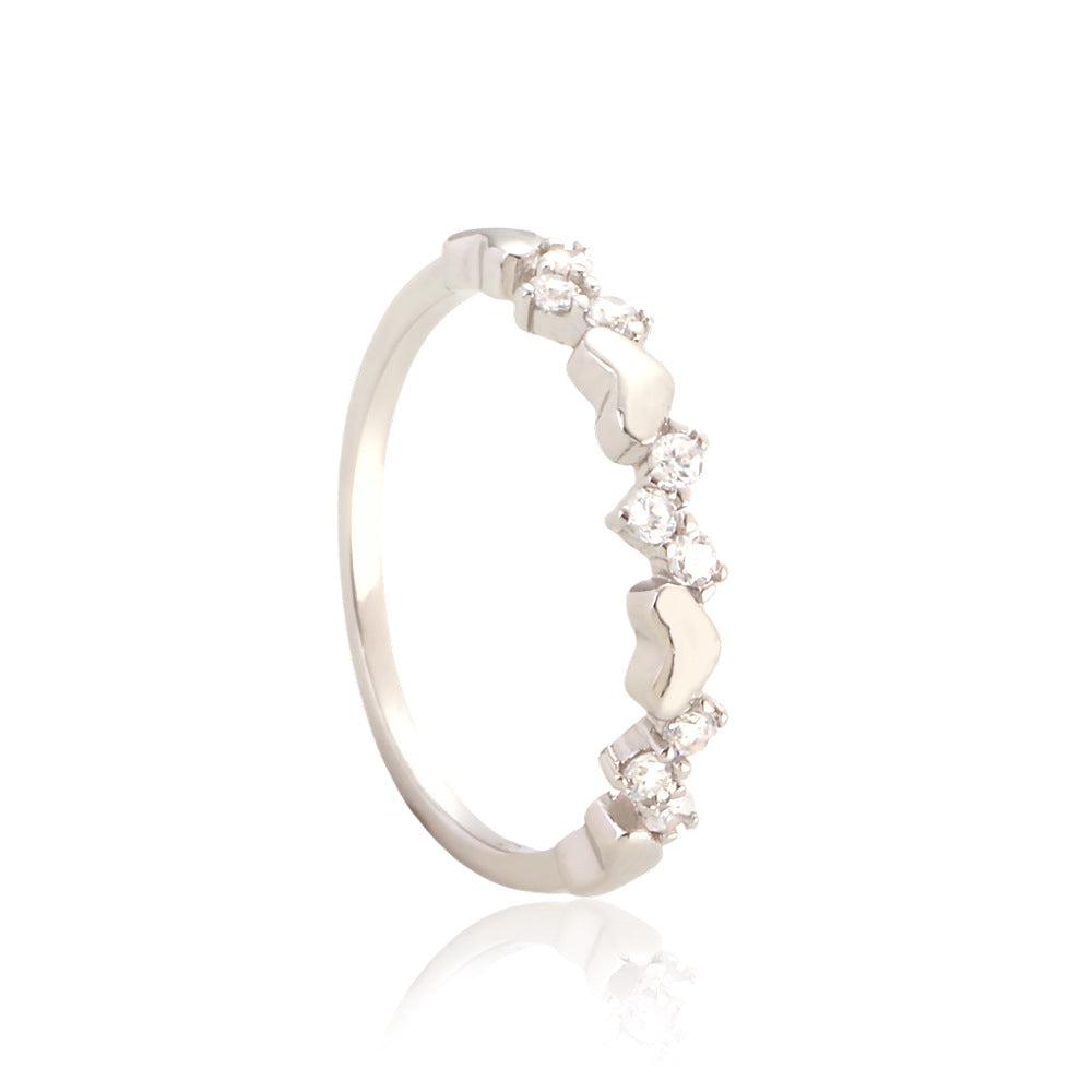 Anello in argento sterling S925 a forma di cuore, dolce e grintoso, con intarsi di strass, fascia fine minimalista da donna