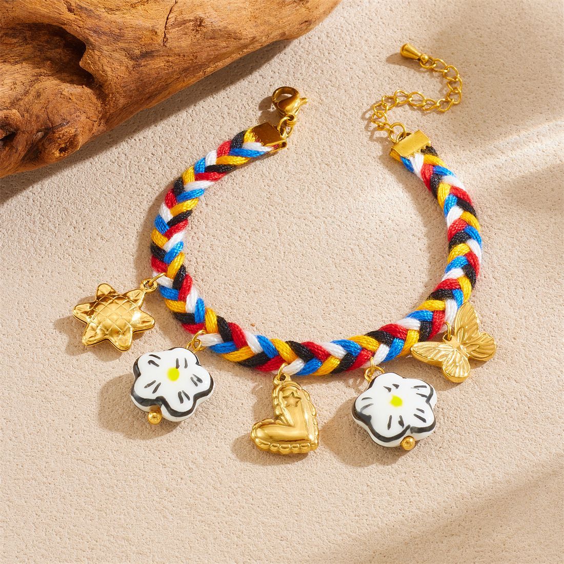 Minimalist Elegant Gold Plated Stainless Steel and Ceramic Heart and Floral Charm Bracelet with Rhinestone