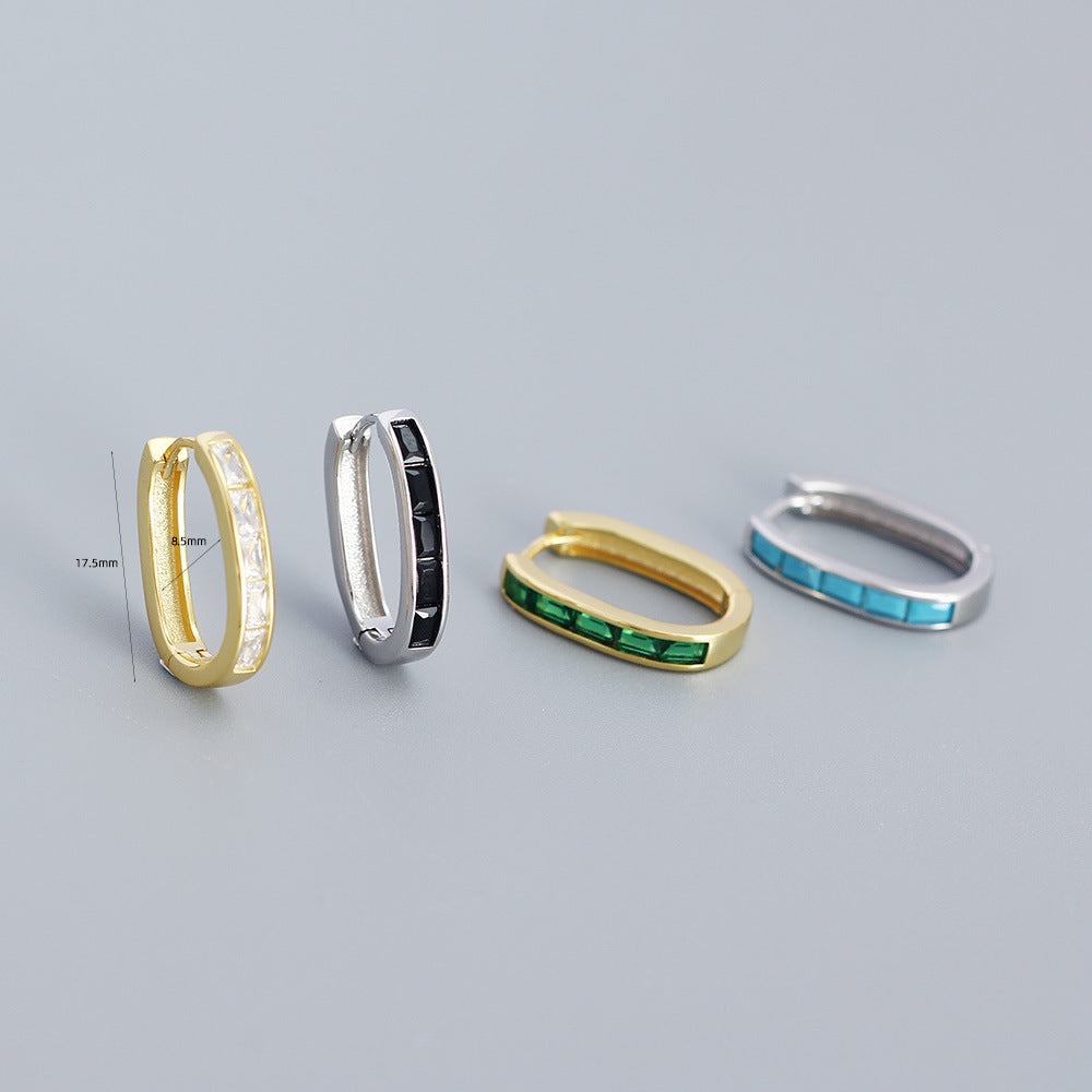 Vintage French-Style Enamel U-Shaped Earrings in Sterling Silver with Geometric Design for Women