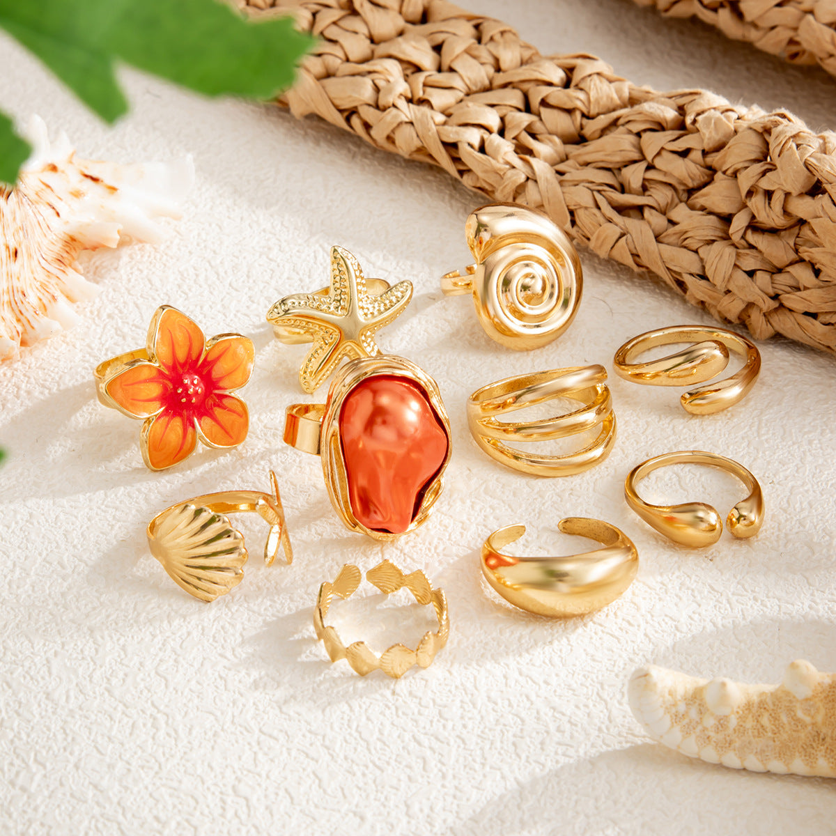Sweet Floral Starfish Shell Zinc Alloy Plated Drip Oil Faux Pearl Open Ring for Women