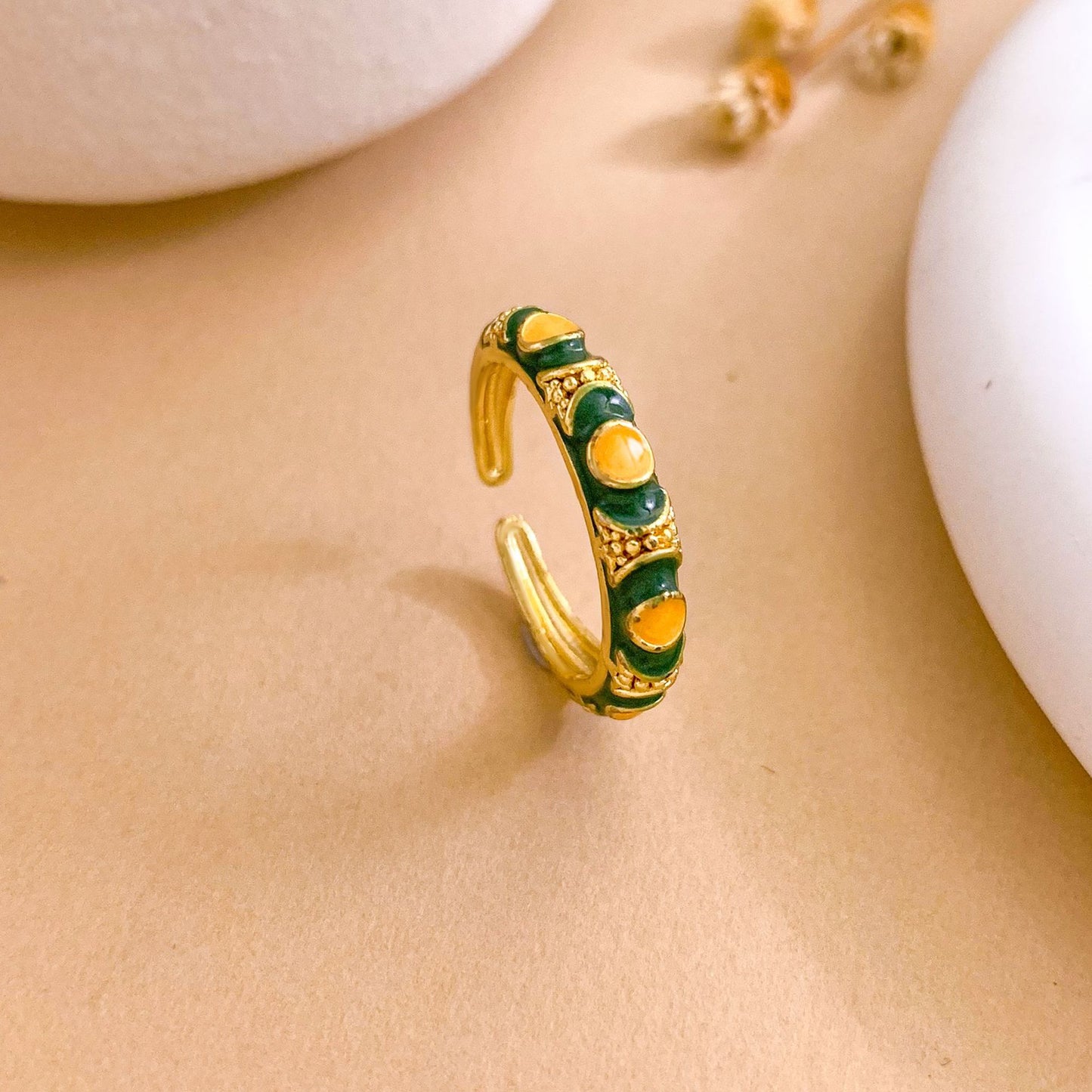 Sweet Minimalist Round Brass Ring with Enamel Evil Eye and Cubic Zirconia Inlay, Gold Plated Adjustable Band for Women