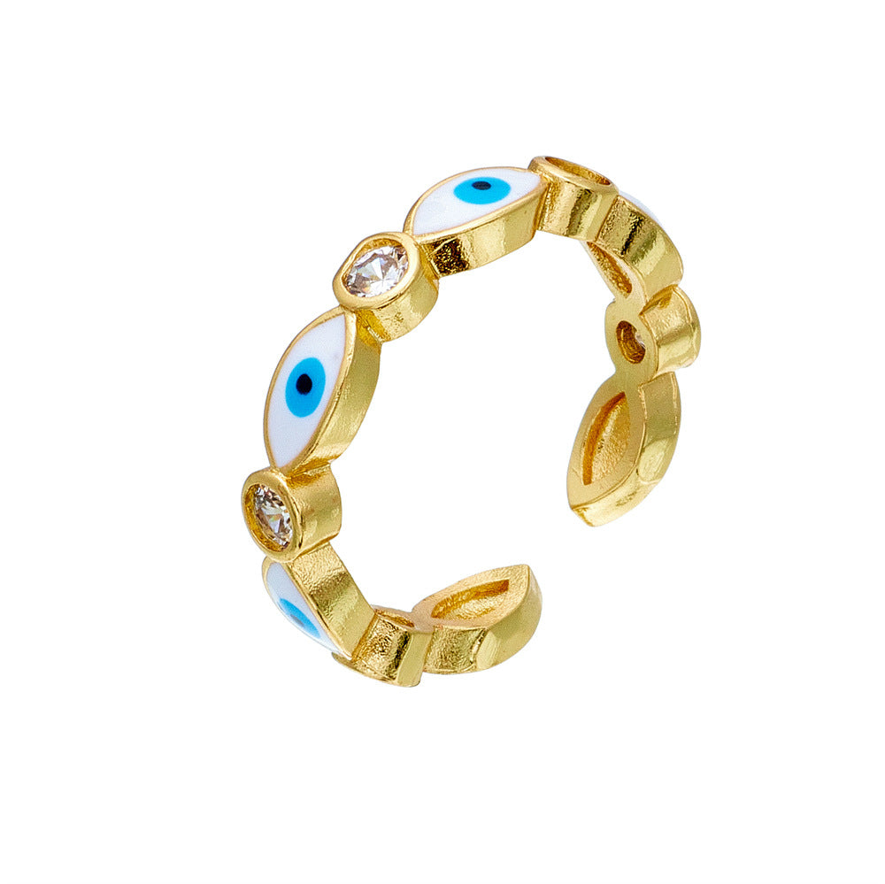 Anello Aperto con Occhio di Allah Geometrico Casual da Donna con Base in Rame Placcata in Oro 18 carati e Zirconia Micro-Incastonata con Finitura Smaltata