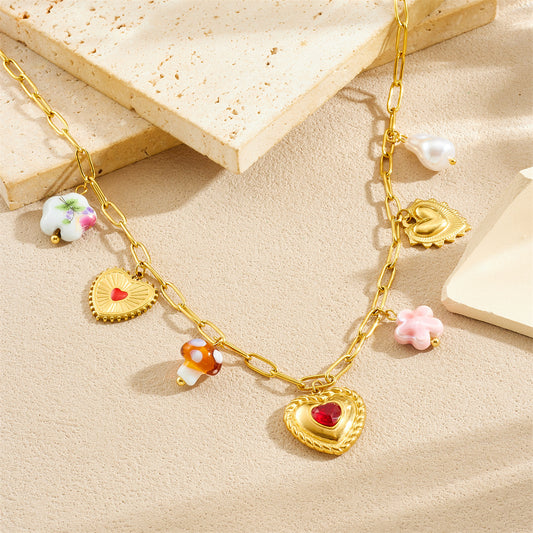 Elegant Gold Plated Rhinestone Inlaid Heart Mushroom Ceramic Pendant Stainless Steel Cable Chain Necklace Set for Women
