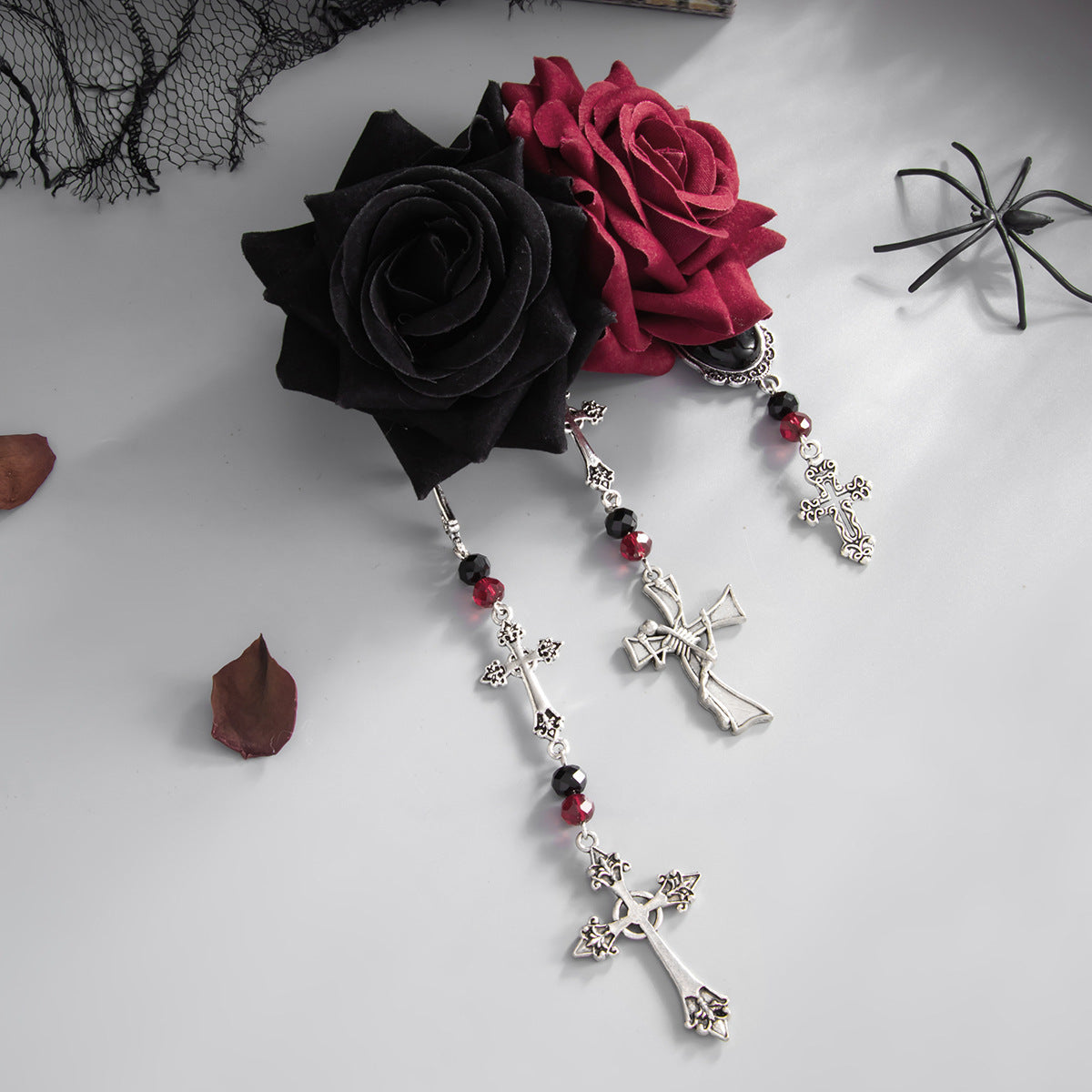 Gothic Vintage Zinc Alloy Plated Cross Heart Rose Brooch Pin for Women