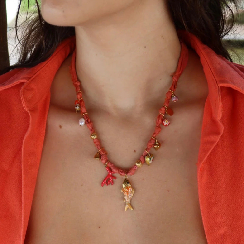 Fashion 18K Gold Plated Copper Heart Baroque Pearl Shell Coral Fish Pendant Necklace for Women
