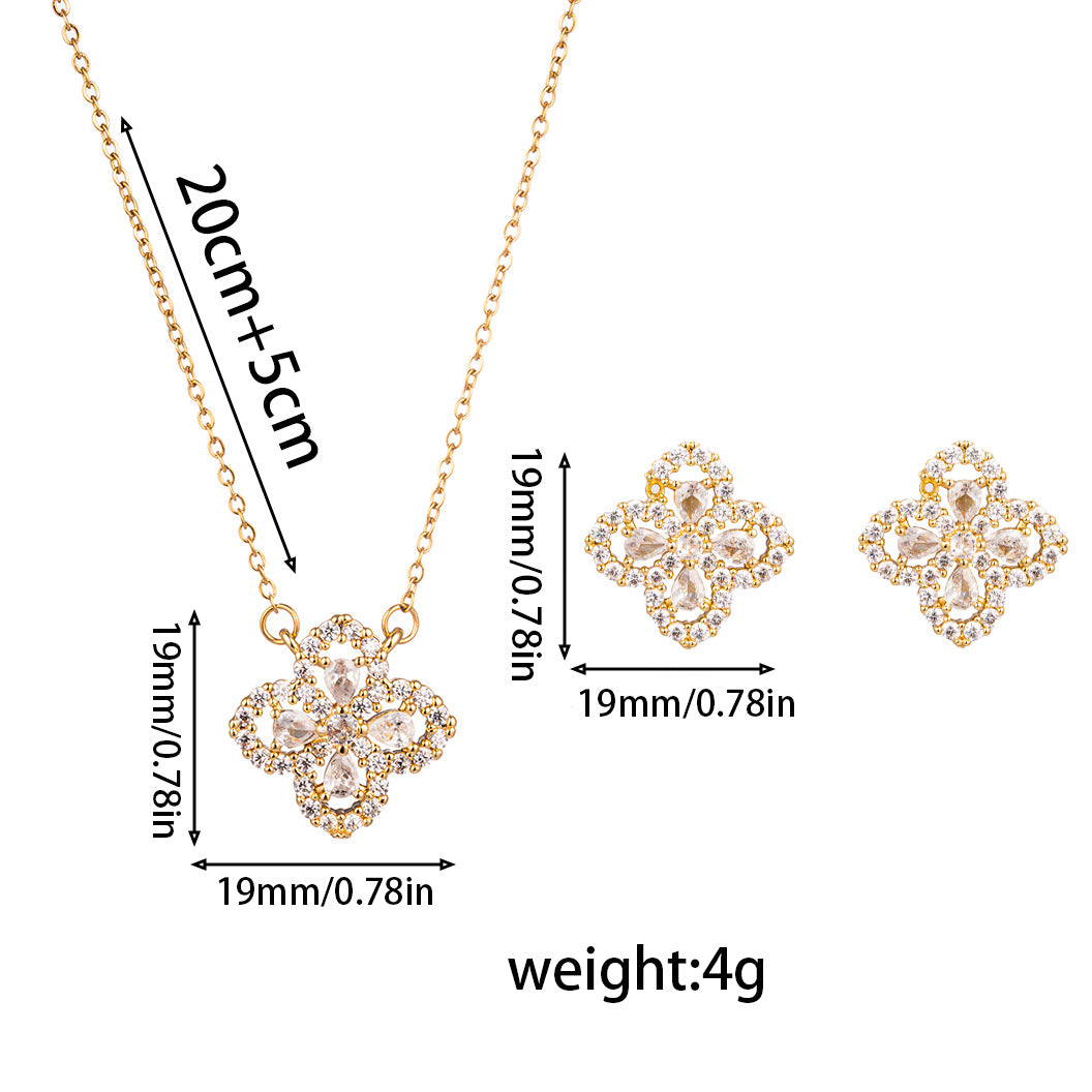 Minimalist Floral Lucky Flower Pendant Necklace for Women in Stainless Steel with Micro-Pave Zirconia on O-Chain