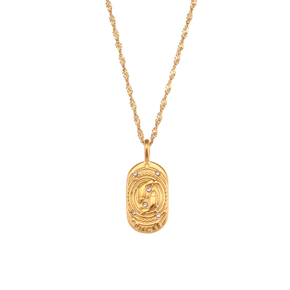 Collana con Pendente Zodiacale Retrò Minimalista in Acciaio Inossidabile con Intarsio di Strass da Donna