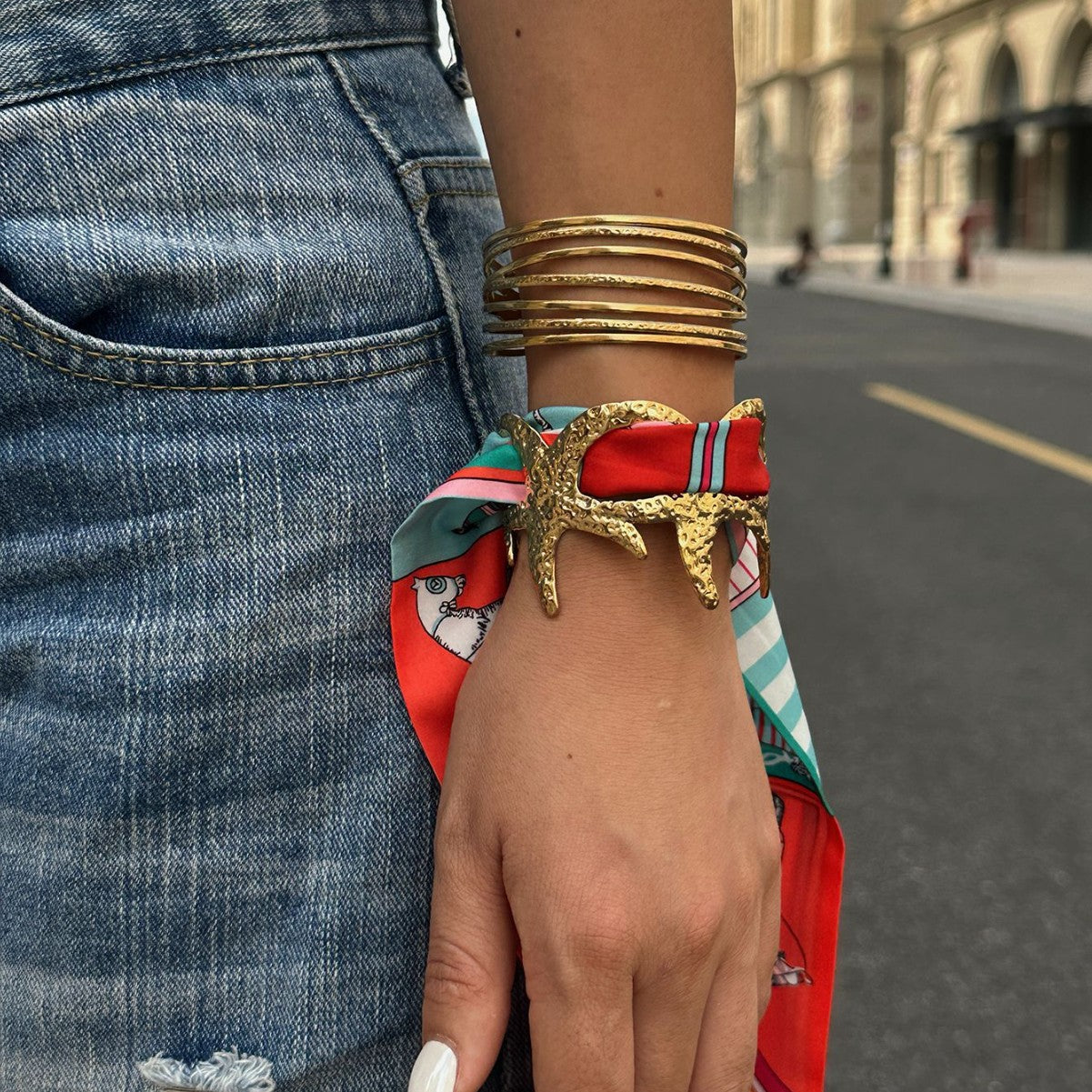 Hip-hop Hammered Starfish Stainless Steel Bracelet Ring Set