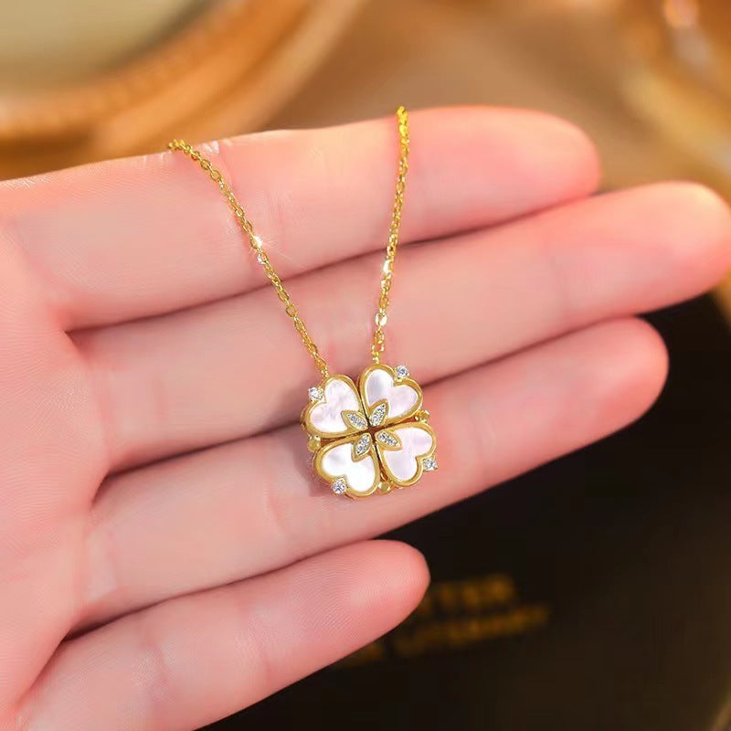 Original Design Clover and Heart Pendant Necklace in Titanium Steel with Plated Finish for Women and Men, Adjustable O-Chain Locket Style Collar Necklace