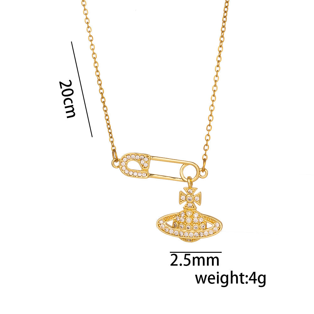 Minimalist Saturn Pendant Necklace for Women in Titanium Steel with Micro-Pave Rhinestone Inlay on O-Chain