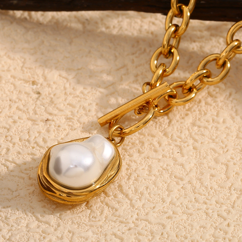 Collana vintage con pendente a perla barocca in acciaio inossidabile placcato oro 18 carati con design geometrico per donna