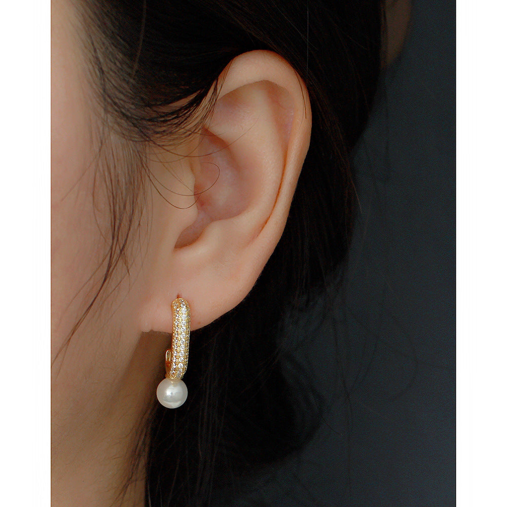 Minimalist Geometric Pearl Stud Earrings in Sterling Silver with Rhinestone Inlay for Women