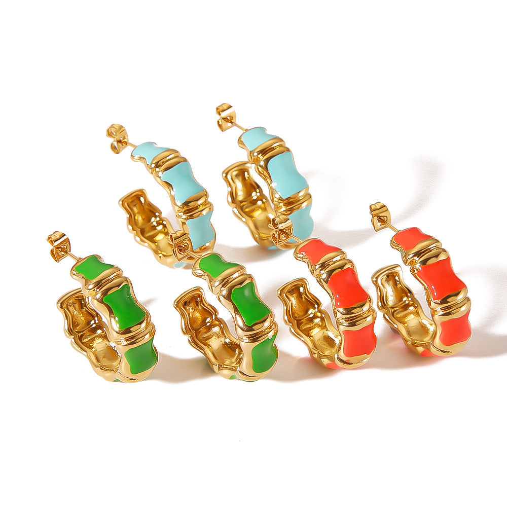 Minimalist Stainless Steel Bamboo Joint C-Shaped Earrings with Enamel Coloring and Gold Plating for Women