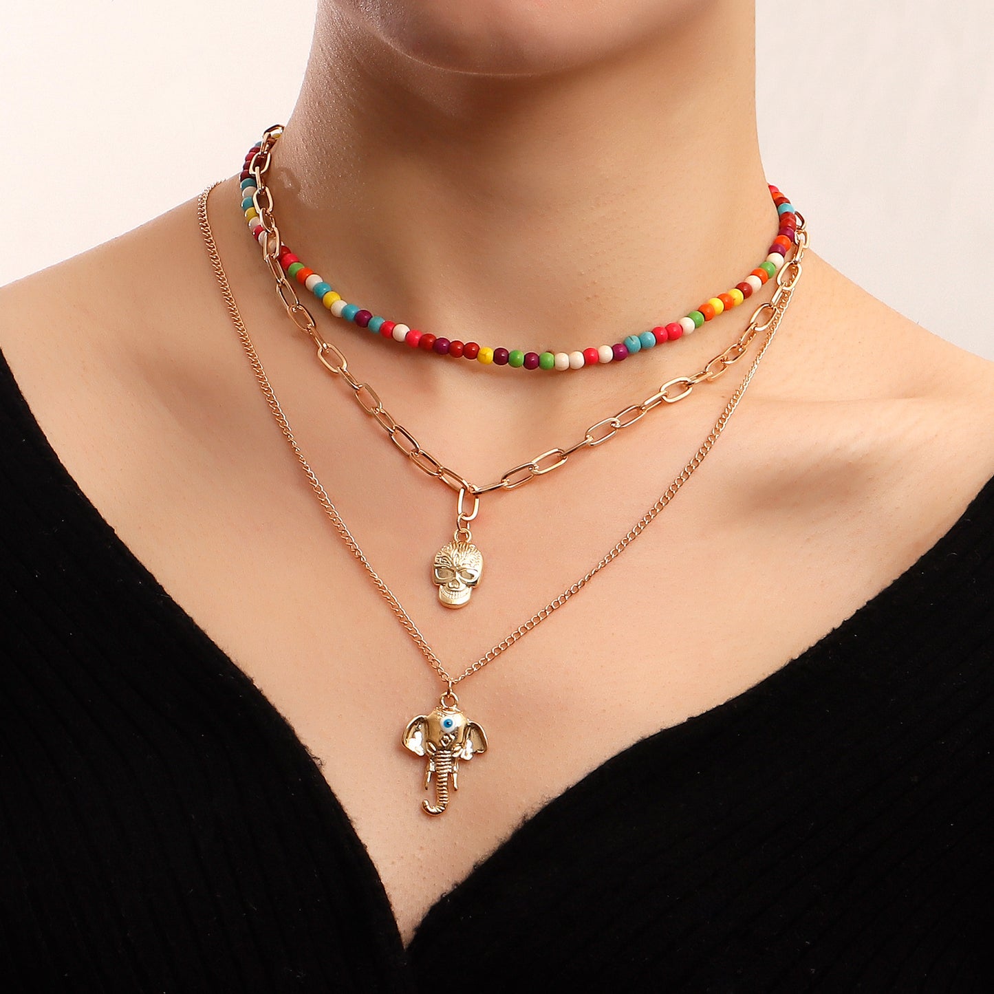 Bohemian Style Elephant Nose Pendant Necklace for Women with Geometric Shape Alloy Chain and Plated Finish