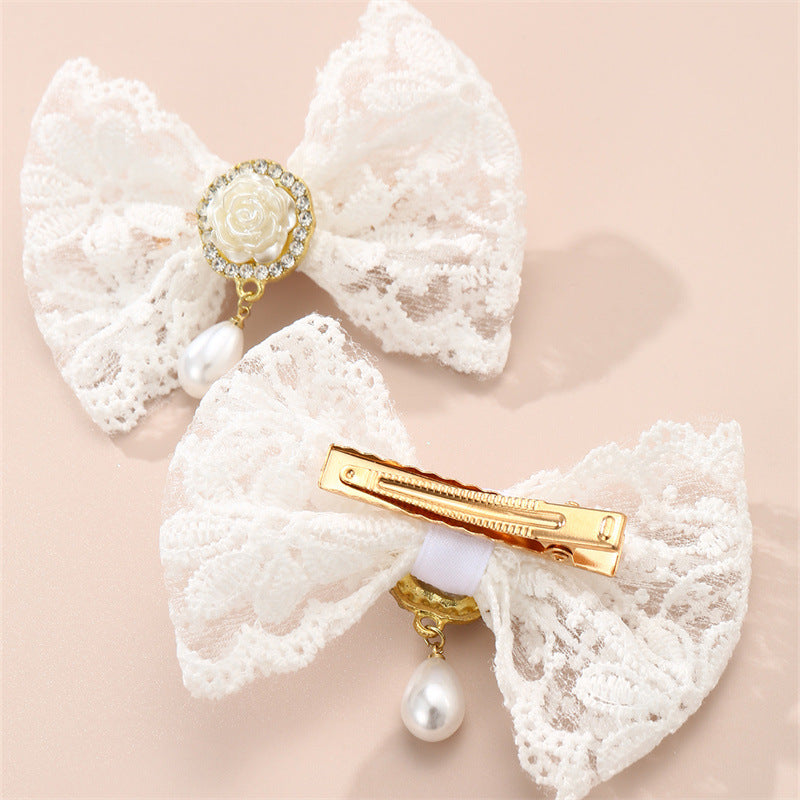 Set di Fermagli per Capelli con Pendente a Goccia in Pizzo e Rosa a Forma di Fiocco Carino per Bambini con Materiale in Tessuto