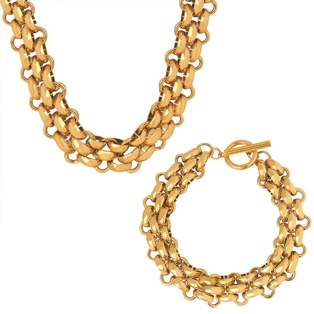 Set collana con ciondolo in acciaio al titanio minimalista audace e cool con catena a maglie spesse e bracciale placcato oro abbinato per donna