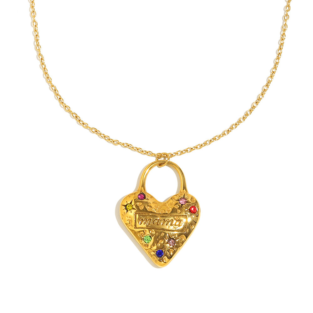 Luxury Vintage Heart-Shaped Stainless Steel Pendant Necklace with 18K Gold Plating and Colored Zircon for Women