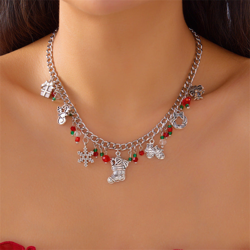 Collar con colgante de árbol de Navidad con campana y copo de nieve, estilo vintage, de aleación chapada con cadena en O, para mujer