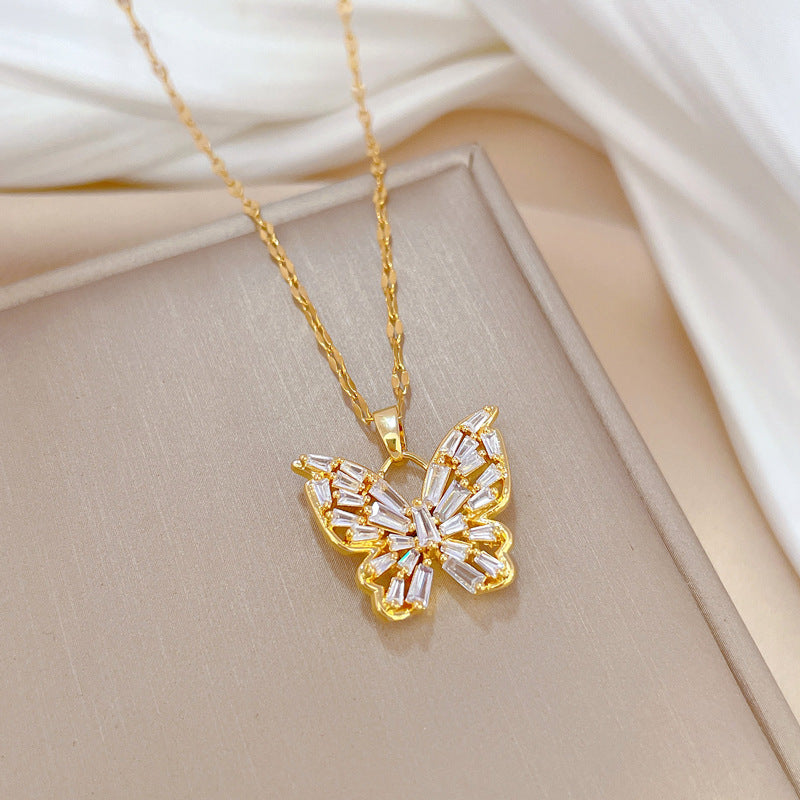 Luxury Butterfly Pendant Necklace for Women in Titanium Steel with Rhinestone Inlay, Geometric Design, Delicate Clavicle Chain for Wedding and Formal Events