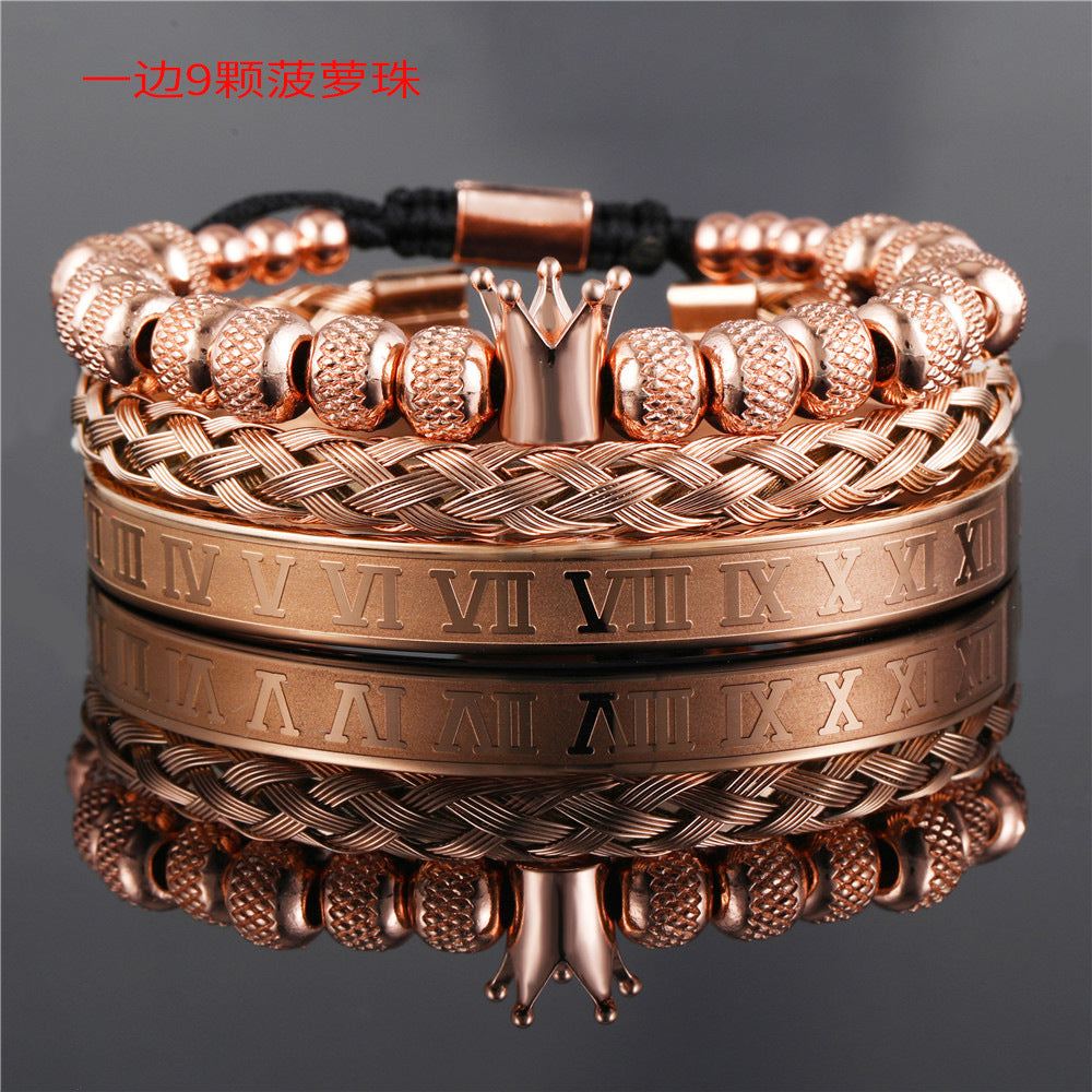 Vintage Crown Geometric Micro-inlay Stainless Steel Mesh Open Cuff Bracelet Set for Unisex