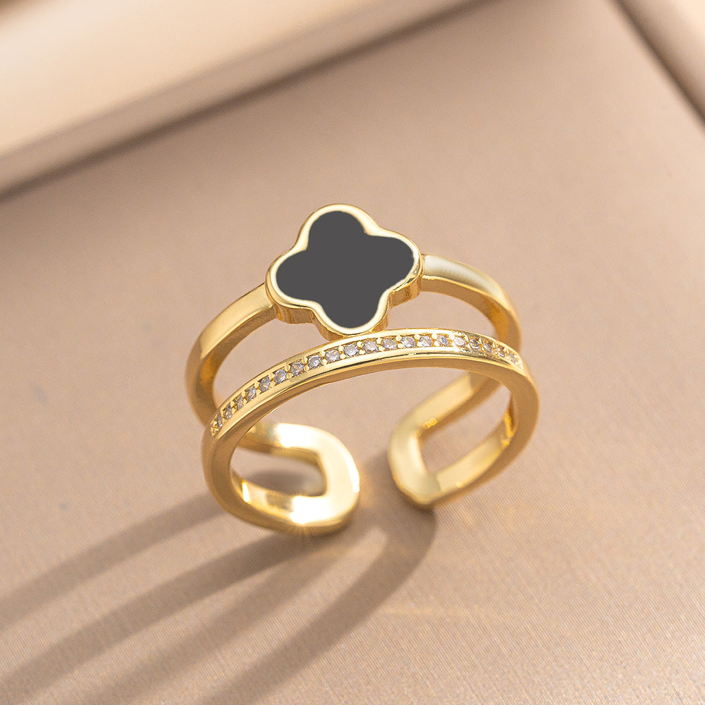 Luxury Minimalist Adjustable Open Ring for Women with Gold-Plated Copper Band and Zircon Stone Accent in Heart and Floral Shape