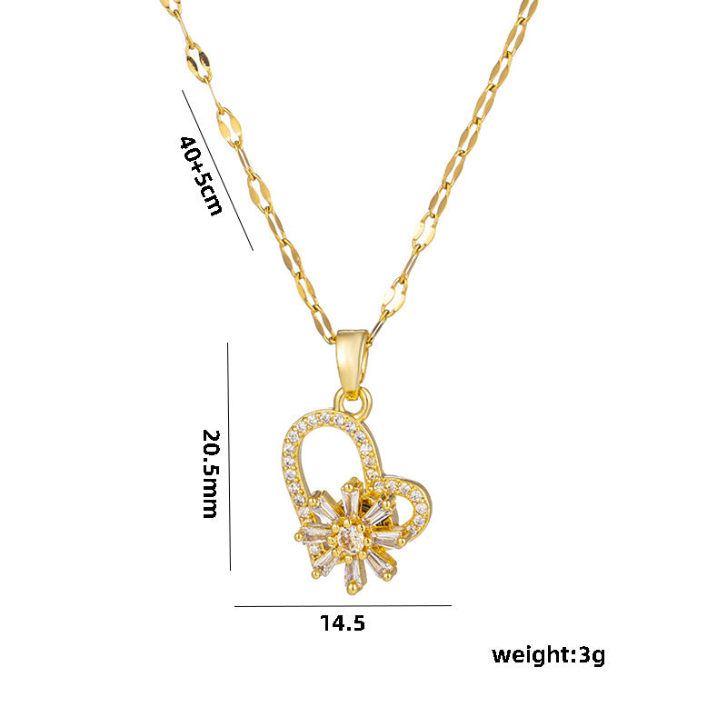 Rotating Snowflake Heart Pendant Necklace for Women in Titanium Steel with Rhinestone Inlay on Wavy Chain Minimalist Geometric Design