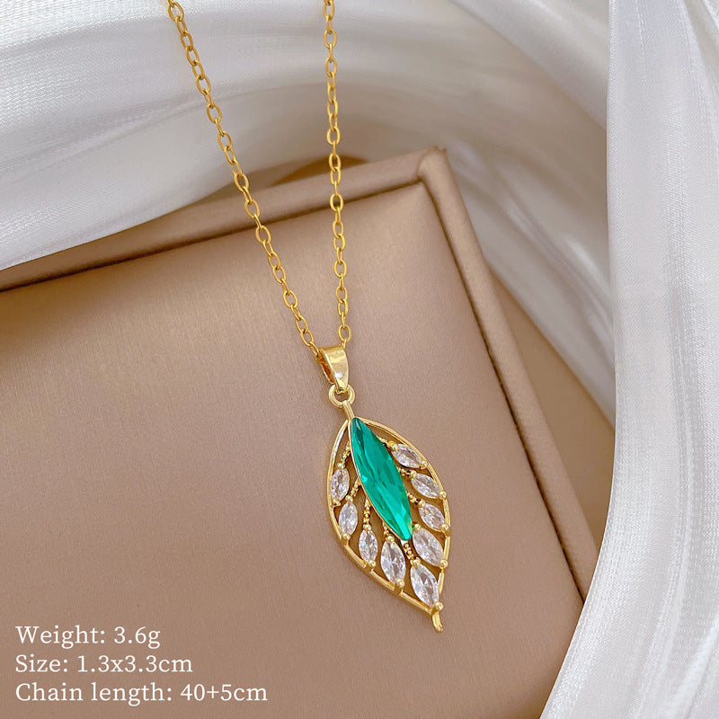 Minimalist Geometric Blue Leaf Pendant Necklace for Women Stainless Steel Locket Chain with Rhinestone Inlay