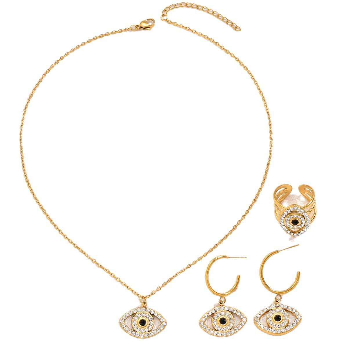Fashionable Evil Eye Pendant Necklace Set with Zircon Inlay in Alloy for Women Including Earrings Ring and Bracelet