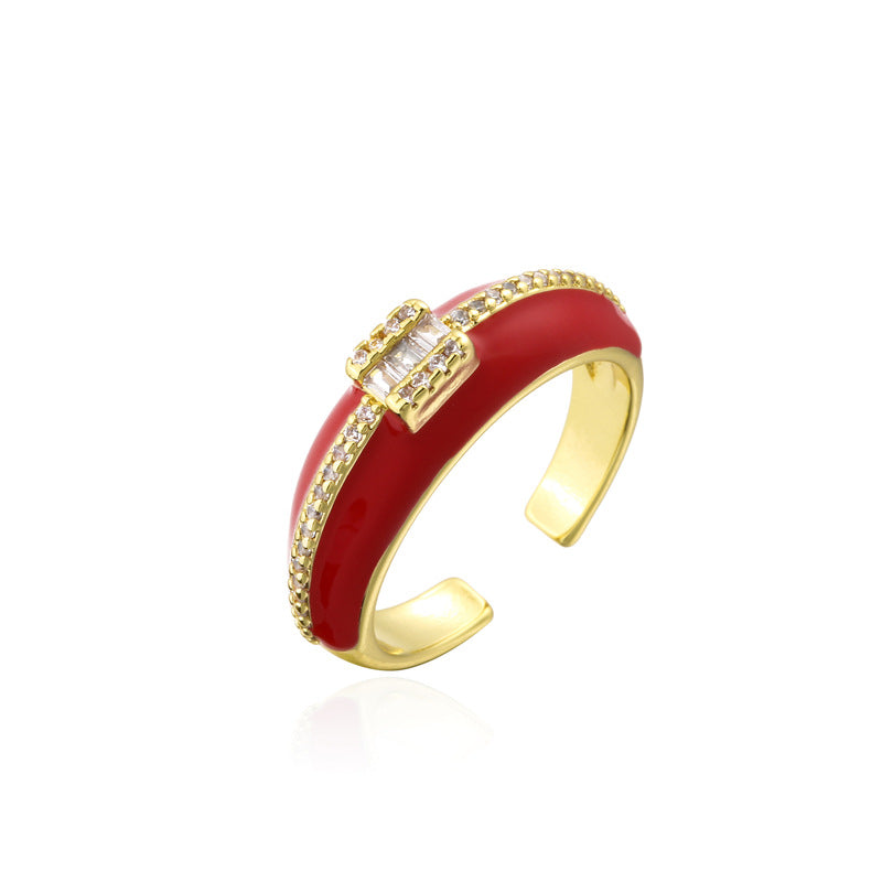 Geometric Micro-inlay Cubic Zirconia Brass Drip Oil Plated 18K Gold Open Ring for Women