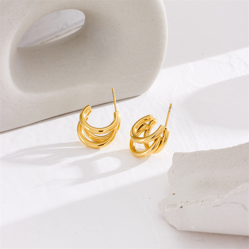 Minimalist Geometric Titanium Steel C-Shaped Multi-Layer Earrings with Plated Finish
