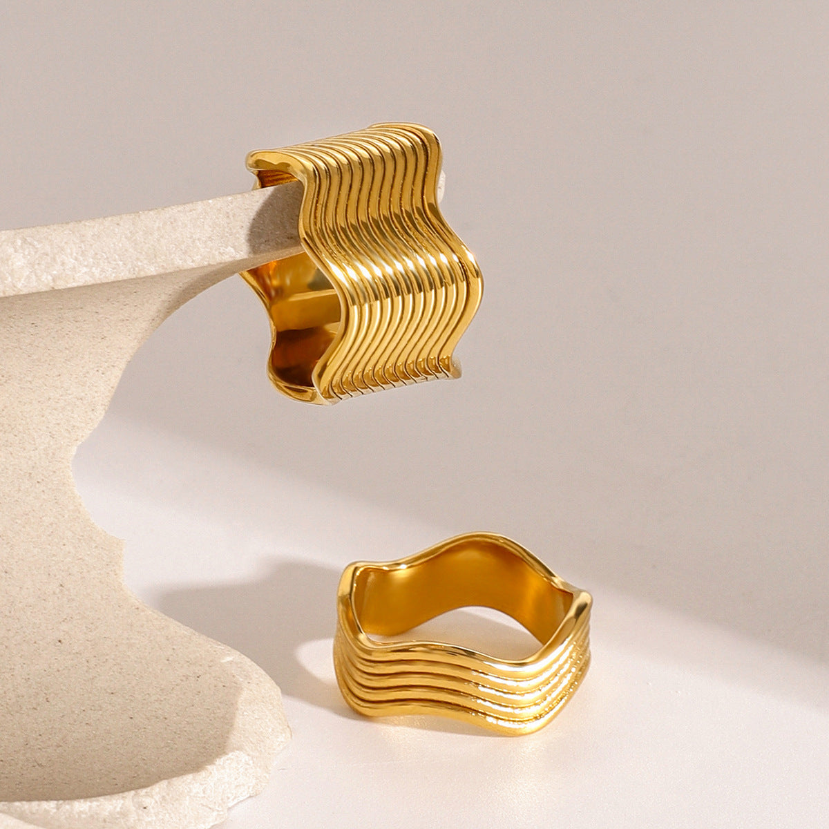 Sweet Geometric Plated Stainless Steel Wide Wave Ring for Women