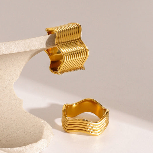 Sweet Geometric Plated Stainless Steel Wide Wave Ring for Women