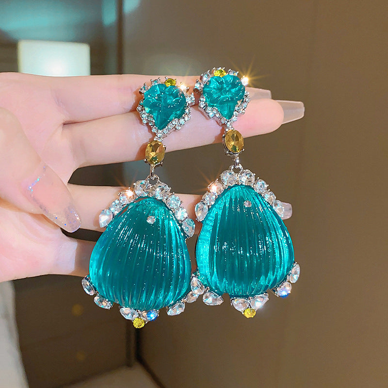 Vintage Green Rhinestone Butterfly Pearl Earrings with Stainless Steel Posts for Women