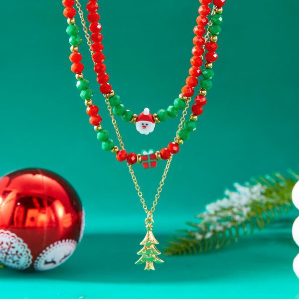 Collar de cuentas de arcilla polimérica con temática navideña con copo de nieve y colgante de Papá Noel de forma geométrica, gargantilla de cadena en O de aleación y electrochapada para mujer
