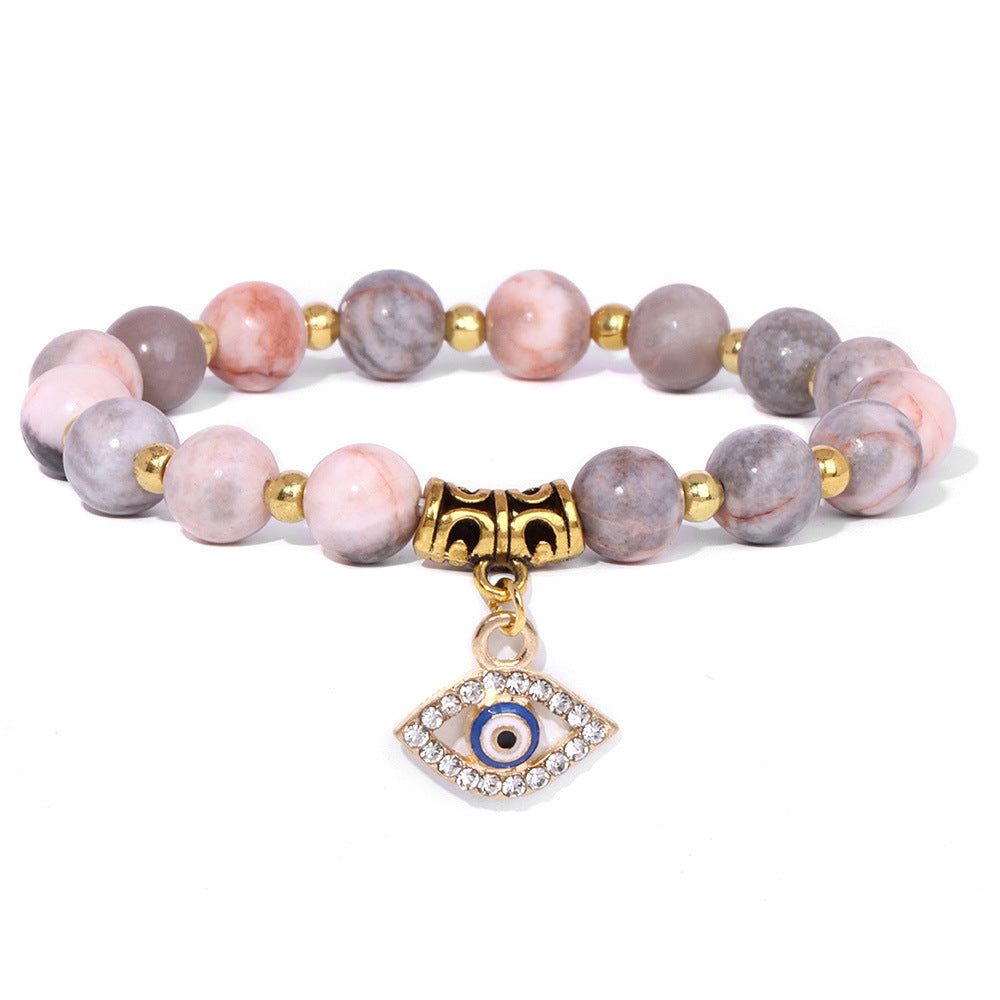 Vintage Minimalist Geometric Agate Beaded Bracelet with Evil Eye Pendant Unisex Jewelry