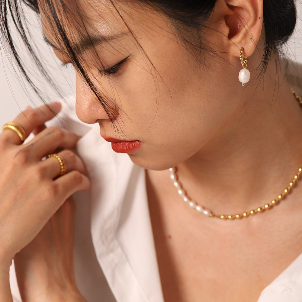 Geometric Stainless Steel Earrings with Freshwater Pearl Accents and 18K PVD Gold Plating for Women