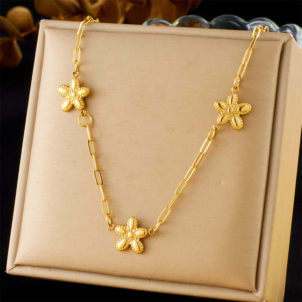 Minimalist Elegant Gold Plated Textured Heart Flower Stainless Steel Necklace Cable Chain for Women