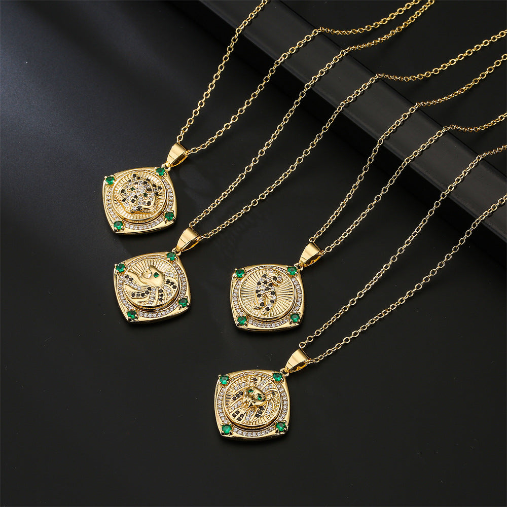 Rotatable Leopard Tiger Animal Totem Pendant Necklace in Copper with Real Gold Plating