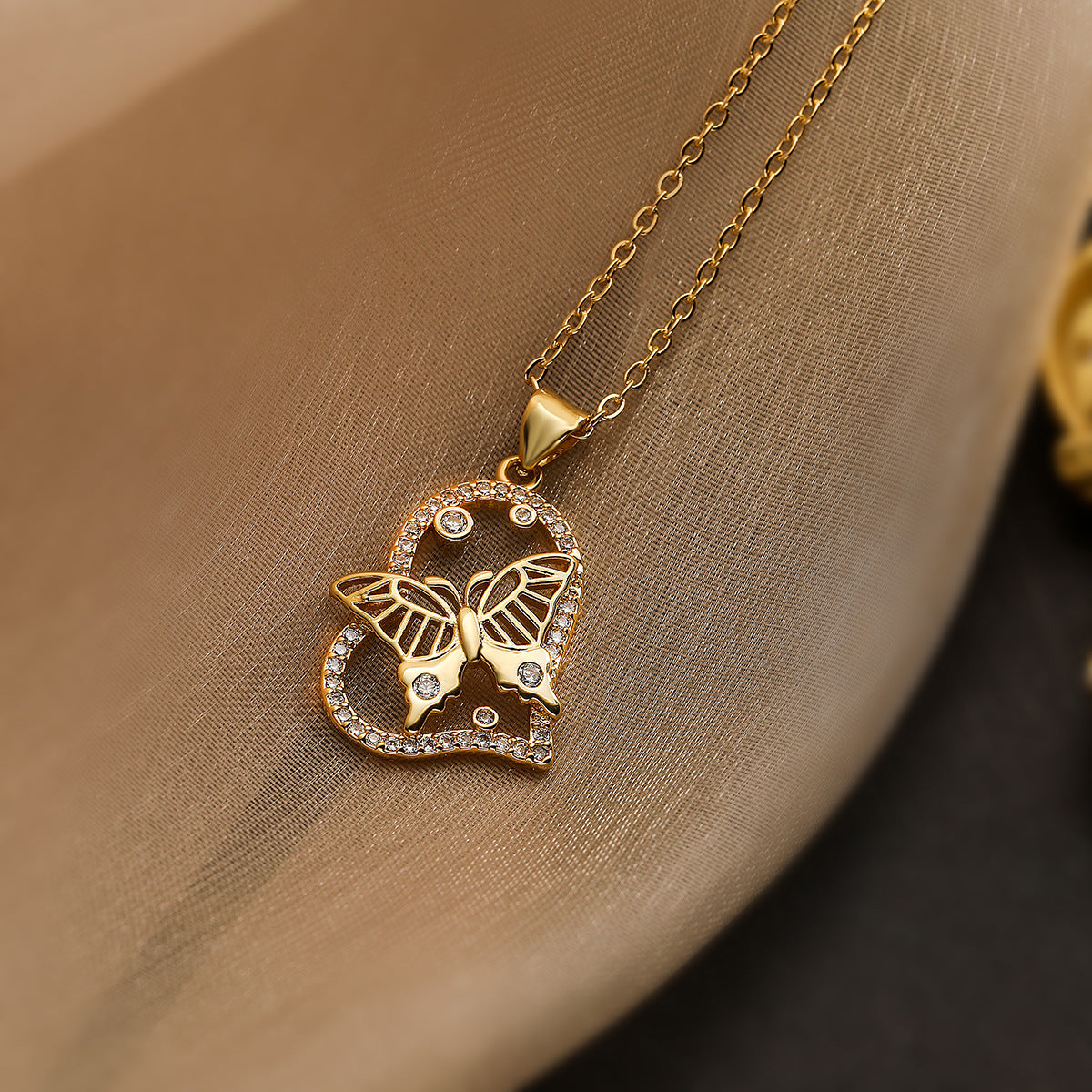 Minimalist Geometric Heart and Butterfly Pendant Necklace for Women in Copper with 18K Gold Plating and Zircon Inlay
