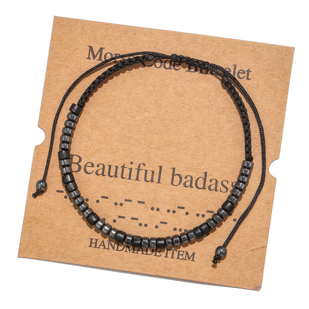 Handmade Geometric Morse Code Wood and Hematite Beaded Bracelet for Unisex