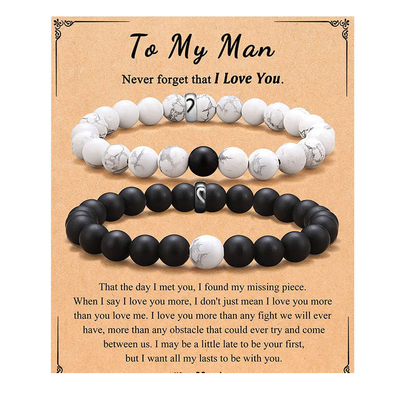 Geometric Black and White Beaded Stainless Steel Bracelet Set for Couples