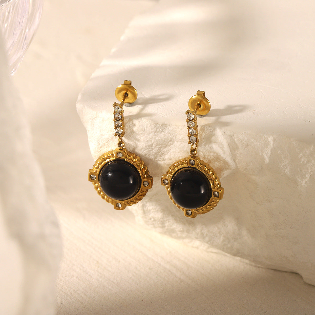 Orecchini a perno con ossidiana nera geometrica stile retrò francese placcati oro 18K su acciaio inossidabile per donna